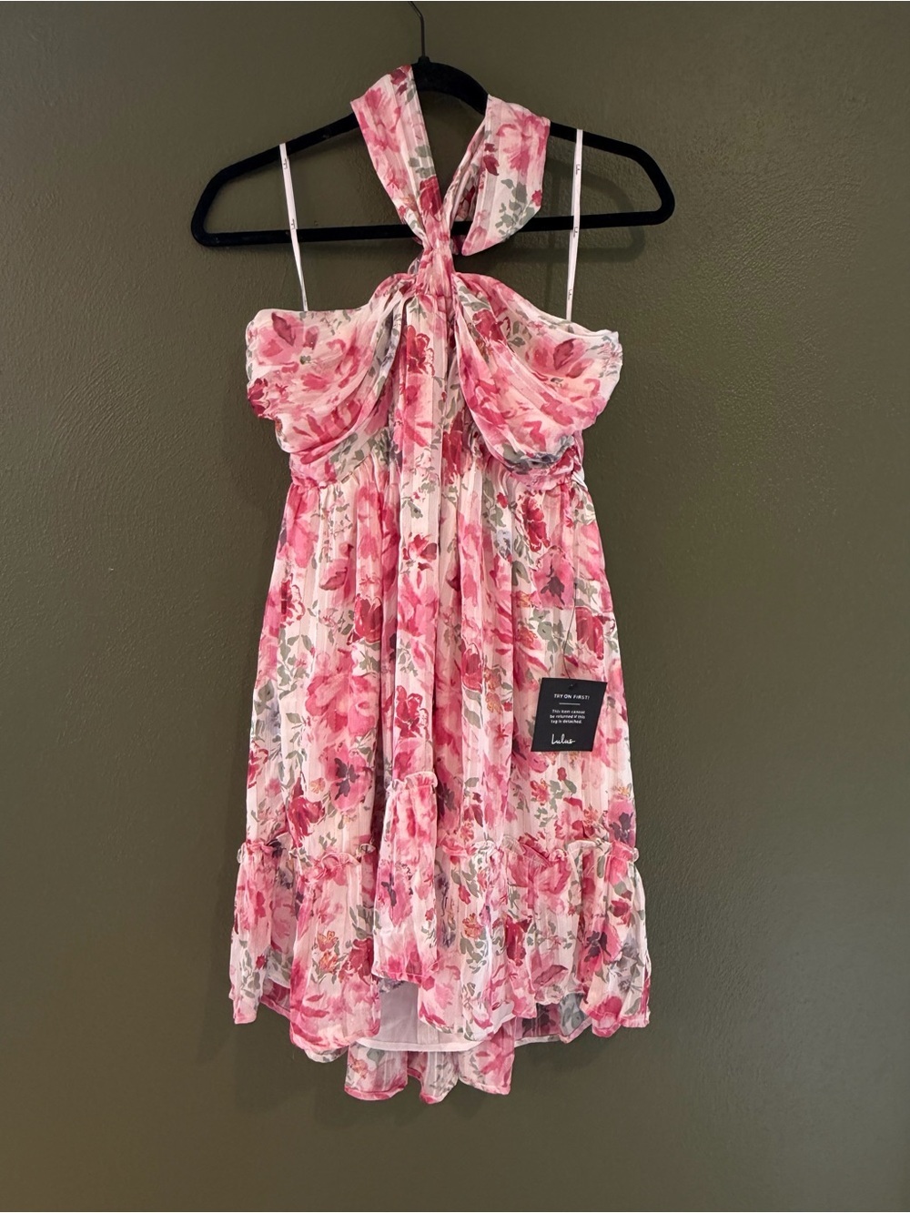 Lulu's Pink Floral Halter Tie Dress